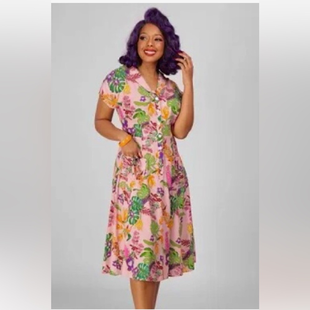 Collectif Liza Vibrant Tropical Floral Retro Swing Dress,Size-(US)-6;(UK)-10